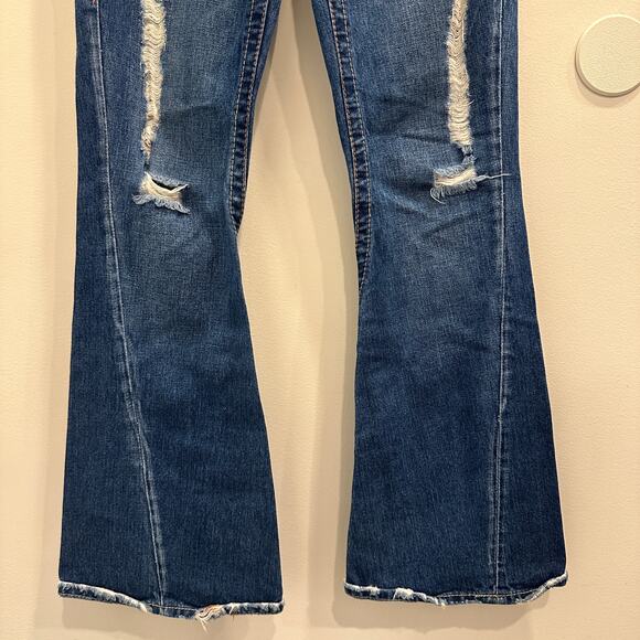 True Religion Joey Distressed Low-Rise Flare Jeans Size 29 Dark Wash Blue Y2K - Picture 5 of 11